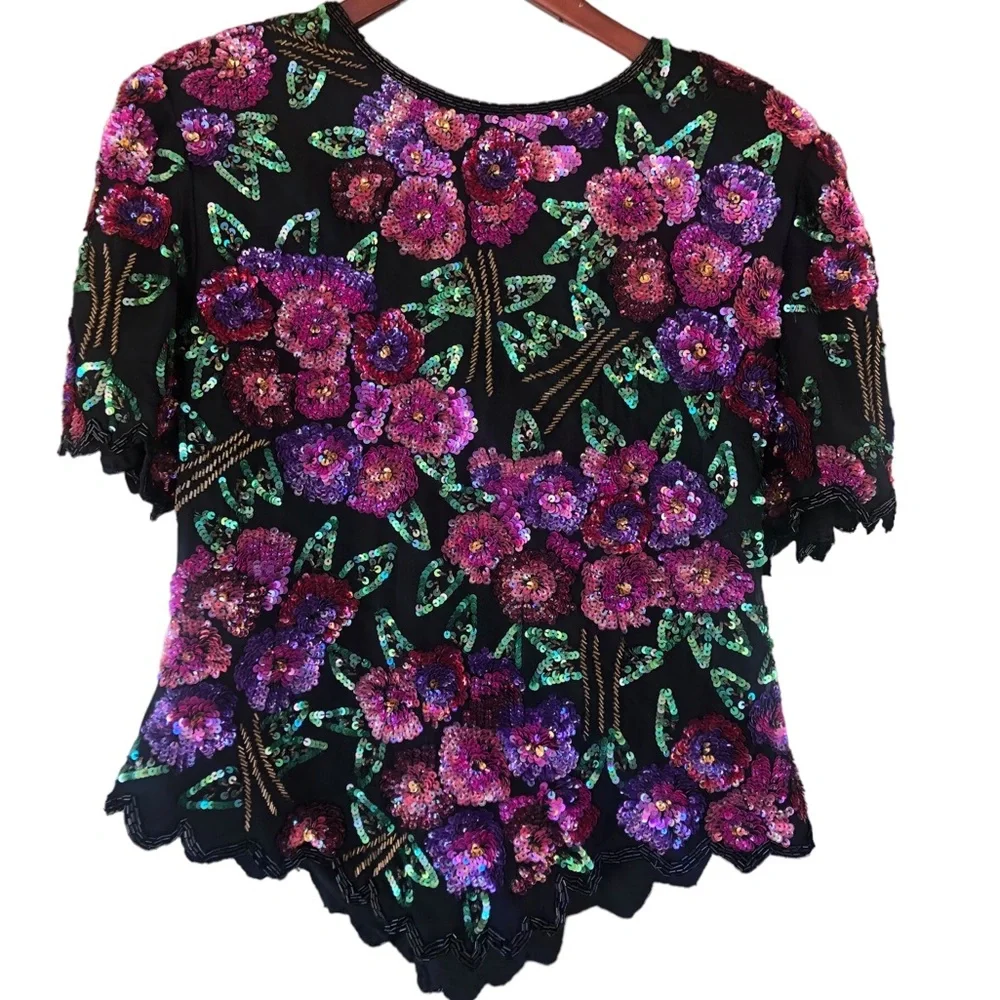 Laurence Kazar Black and Purple Floral Sequin Blouse - Picture 1 of 6